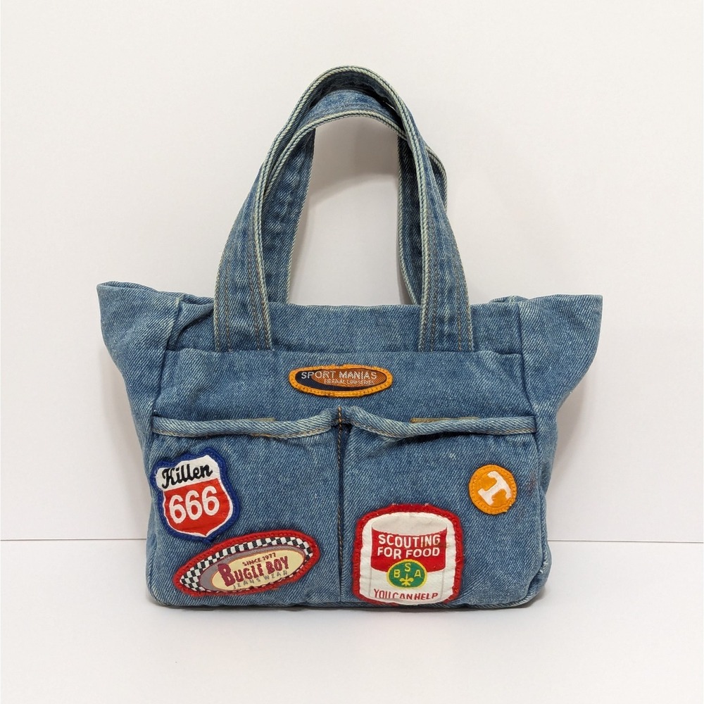 Vintage Bugle Boy Denim Wear Blue Jean Handbag Purse w/ Patches 1990s Y2K